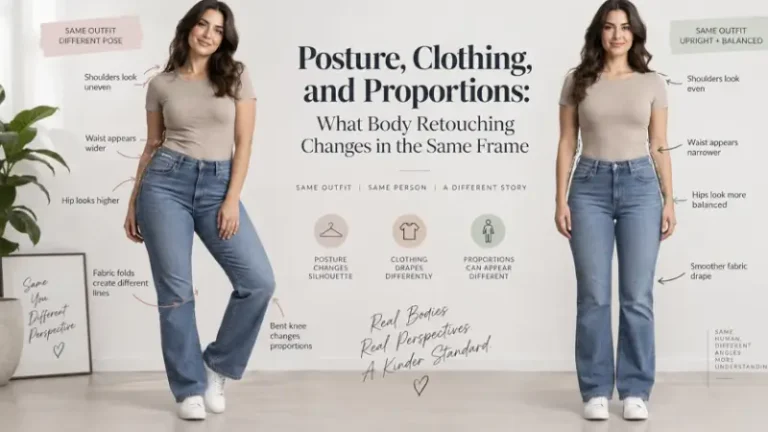 Full-body portrait showing posture, clothing folds, and natural body proportions before and after body retouching editing